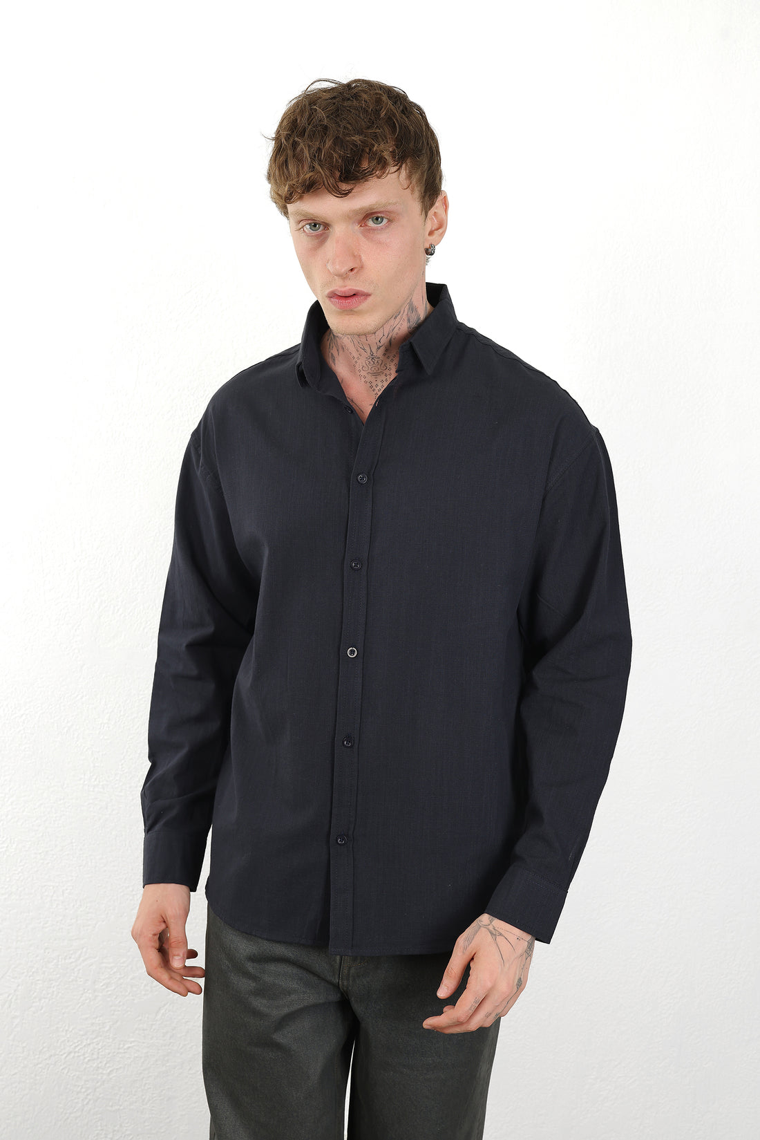 Keten Görünümlü %100 Pamuk Rahat Kalıp Düşük Omuz Erkek Sade Gömlek, Men's Plain Shirt