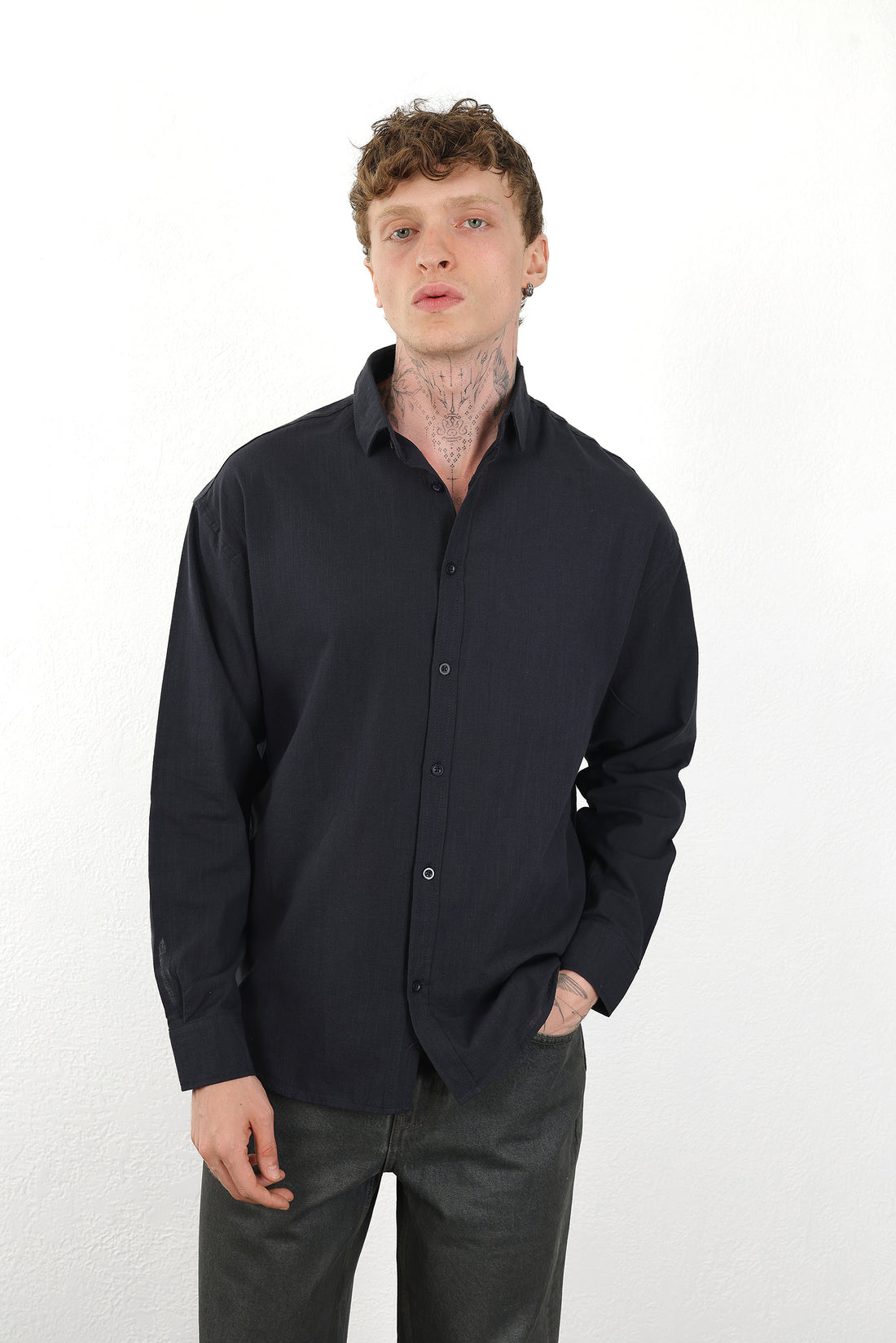Keten Görünümlü %100 Pamuk Rahat Kalıp Düşük Omuz Erkek Sade Gömlek, Men's Plain Shirt