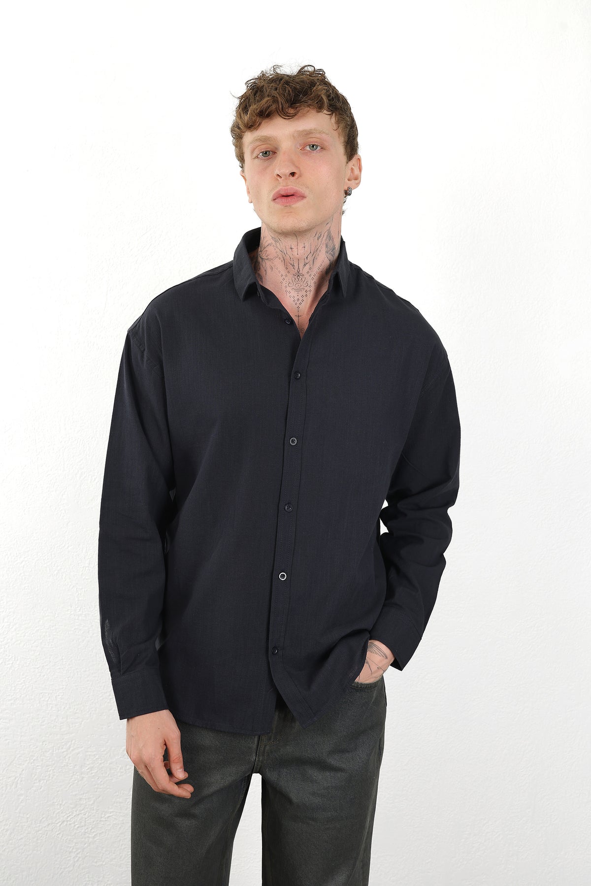 Keten Görünümlü %100 Pamuk Rahat Kalıp Düşük Omuz Erkek Sade Gömlek, Men's Plain Shirt - Lacivert
