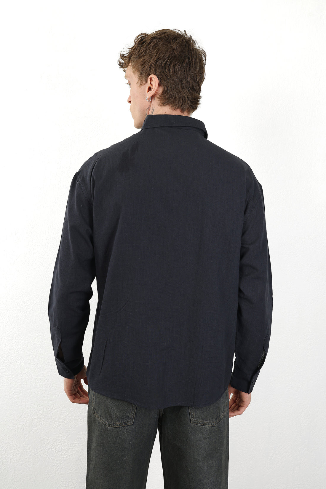 Keten Görünümlü %100 Pamuk Rahat Kalıp Düşük Omuz Erkek Sade Gömlek, Men's Plain Shirt