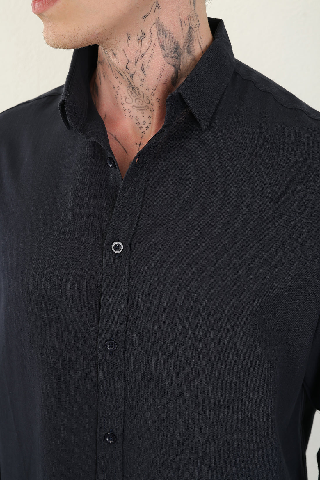 Keten Görünümlü %100 Pamuk Rahat Kalıp Düşük Omuz Erkek Sade Gömlek, Men's Plain Shirt