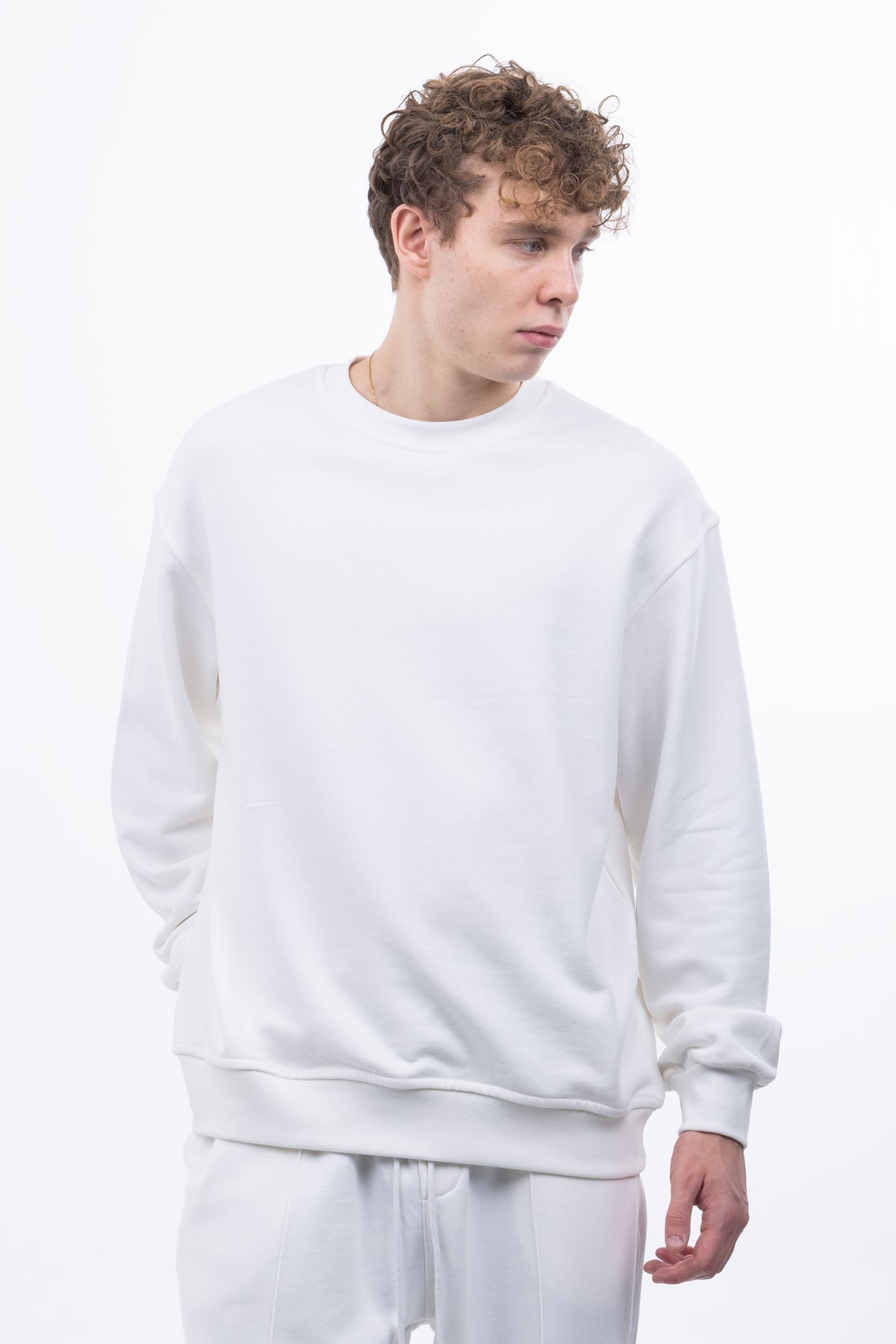 3 iplik Şardonsuz %100 Pamuk Over Fit Bisiklet Yaka Sweatshirt - Ekru