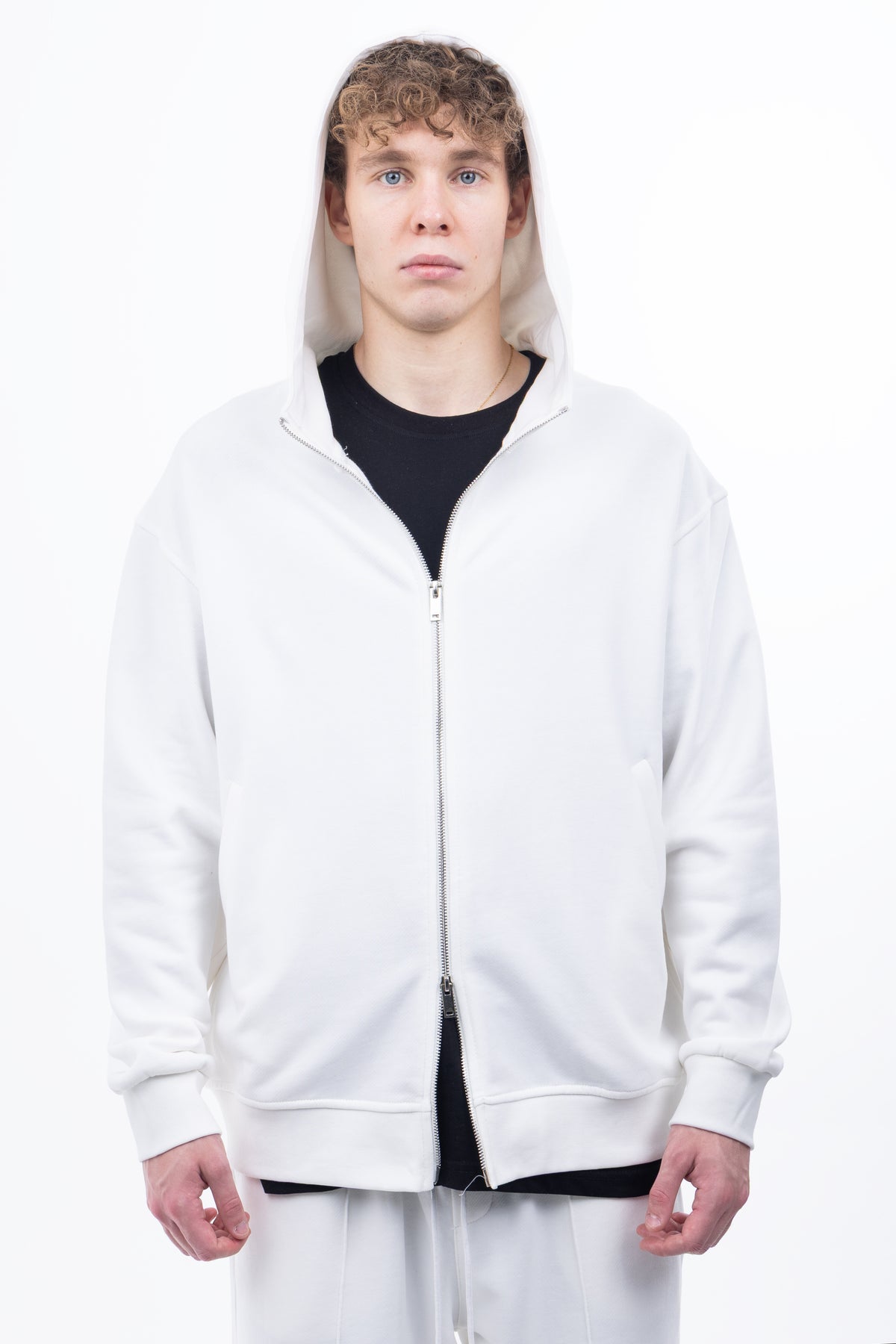 3 iplik Şardonsuz %100 Pamuk Over Fit Fermuarlı Kapüşonlu Sweatshirt - Ekru