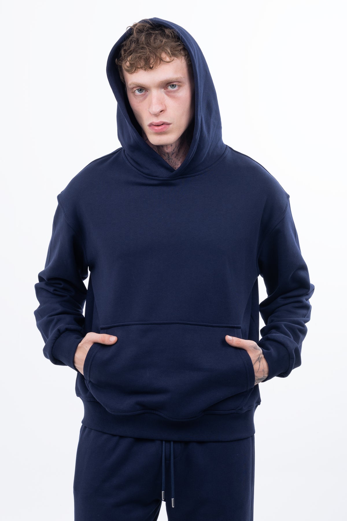 3 iplik Şardonsuz %100 Pamuk Over Fit Kapüşonlu Kanguru Cepli Sweatshirt - Lacivert