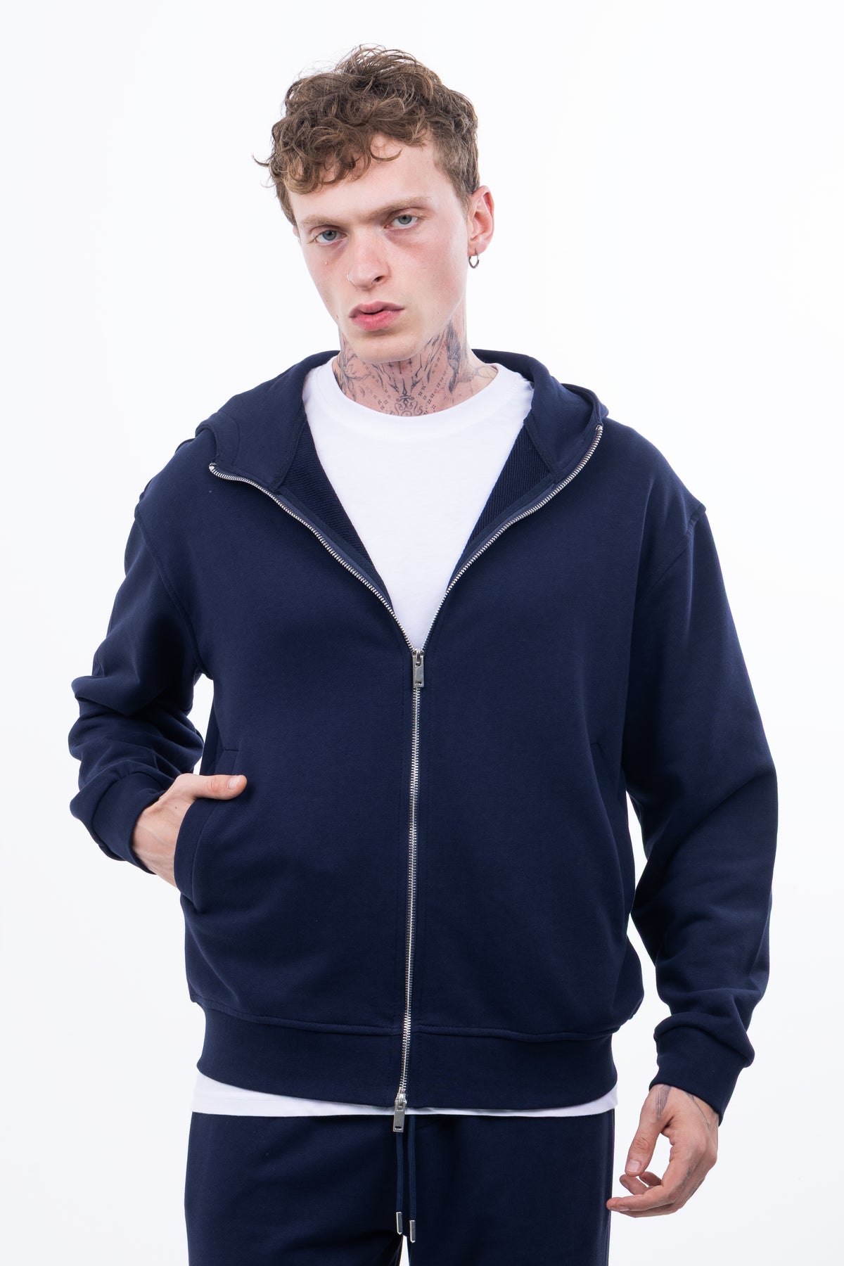 3 iplik Şardonsuz %100 Pamuk Over Fit Fermuarlı Kapüşonlu Sweatshirt - Lacivert