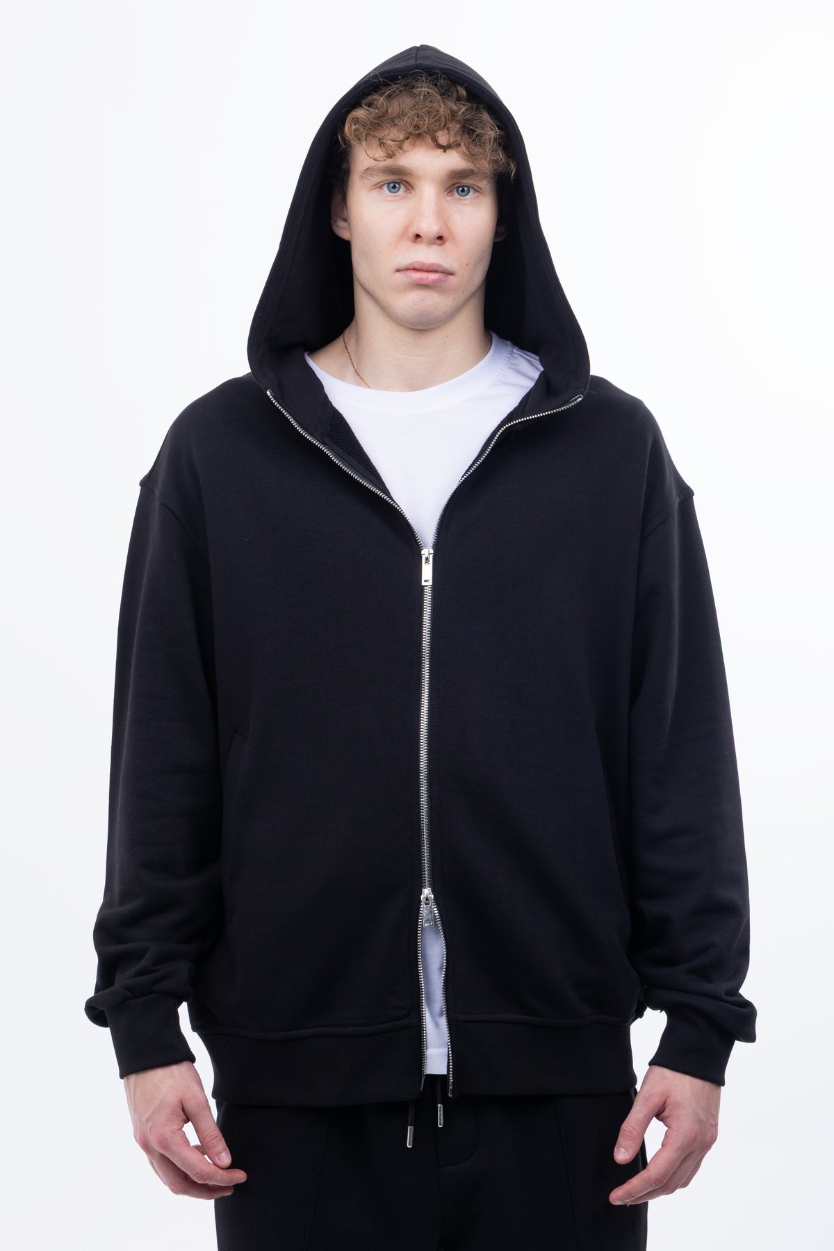 3 iplik Şardonsuz %100 Pamuk Over Fit Fermuarlı Kapüşonlu Sweatshirt - Siyah