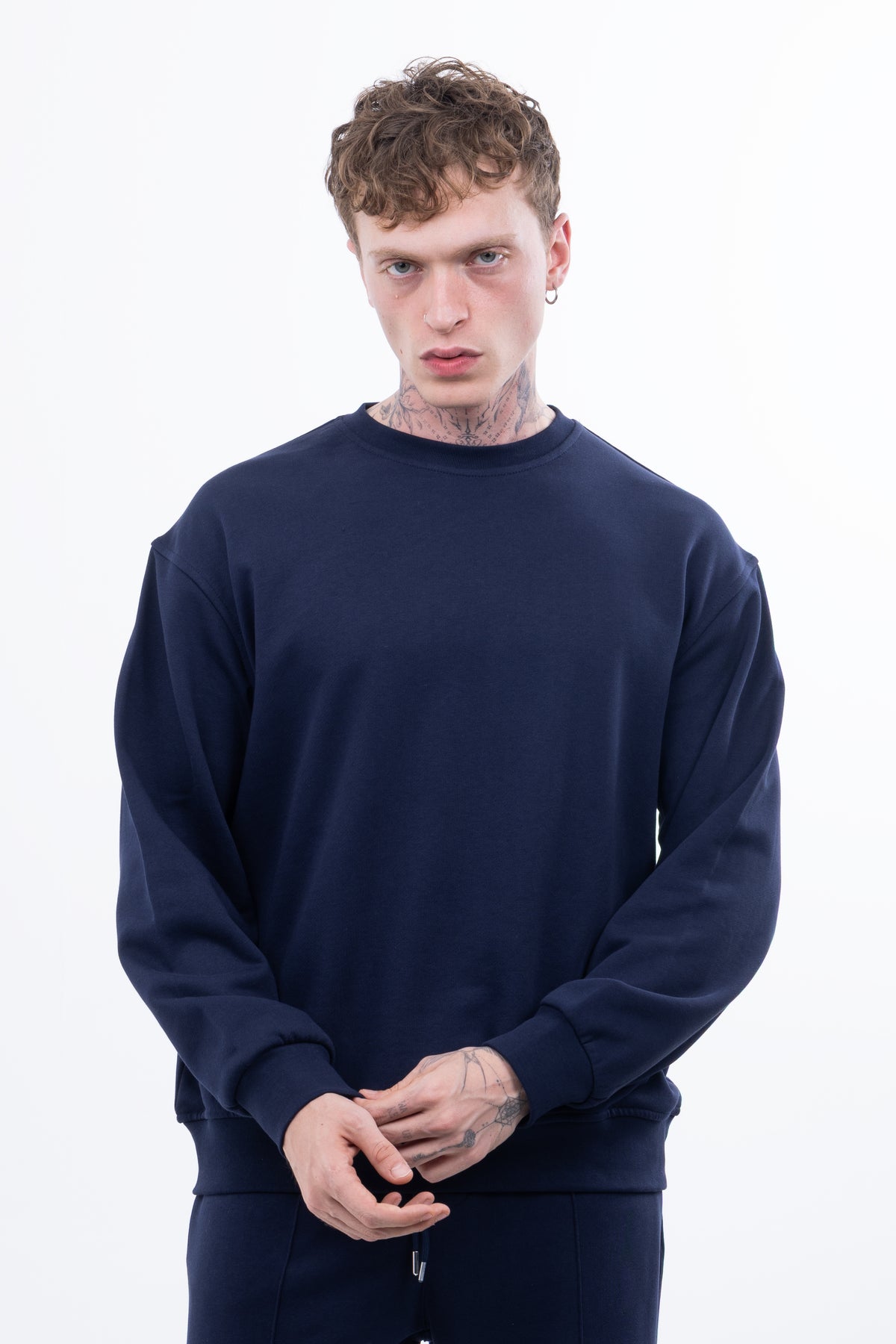 3 iplik Şardonsuz %100 Pamuk Over Fit Bisiklet Yaka Sweatshirt - Lacivert