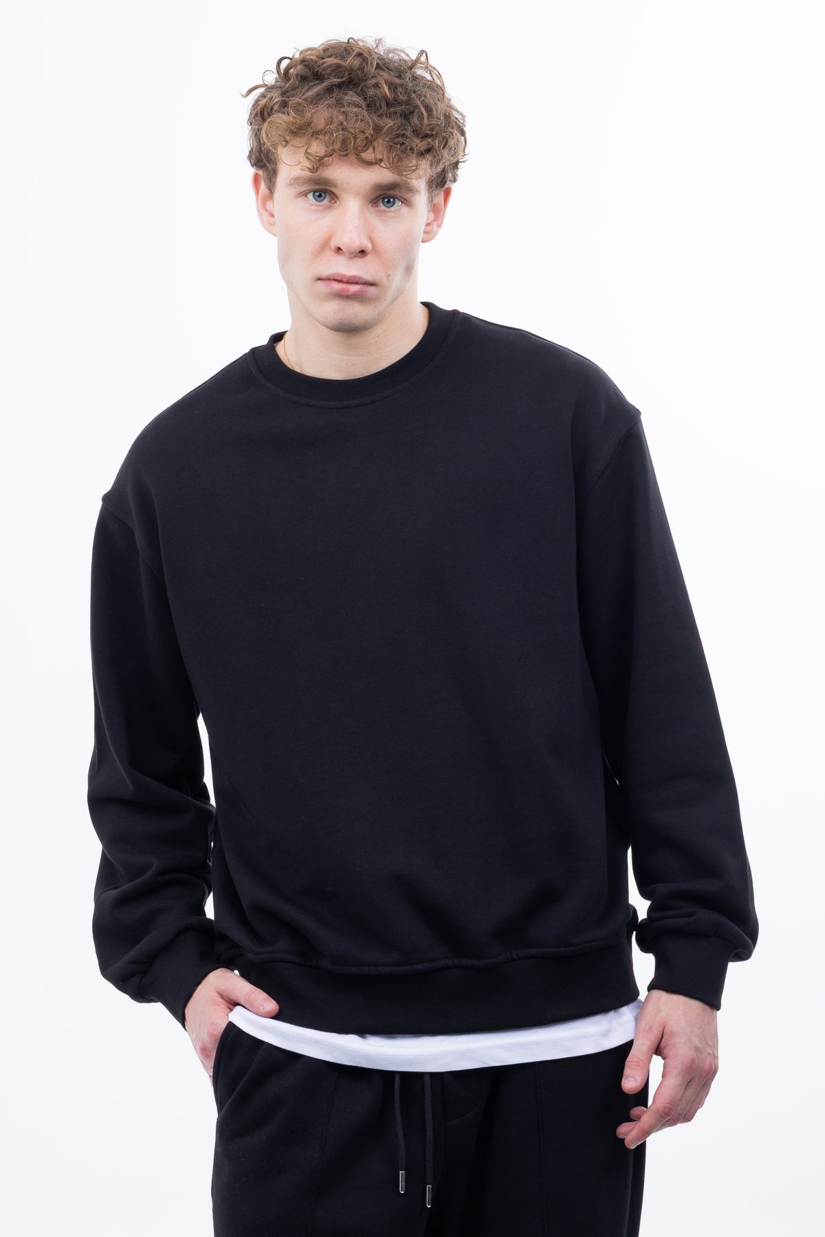 3 iplik Şardonsuz %100 Pamuk Over Fit Bisiklet Yaka Sweatshirt - Siyah
