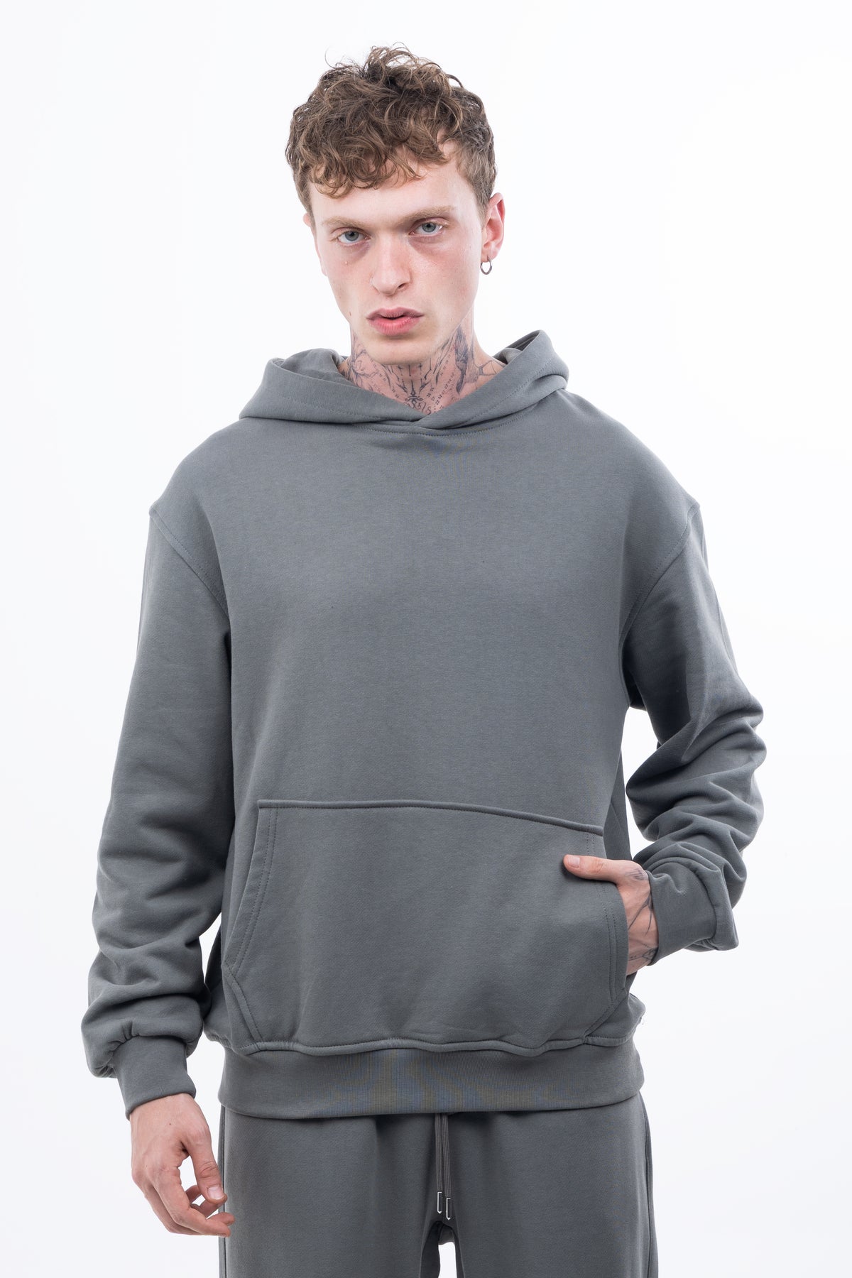 3 iplik Şardonsuz %100 Pamuk Over Fit Kapüşonlu Kanguru Cepli Sweatshirt - Haki
