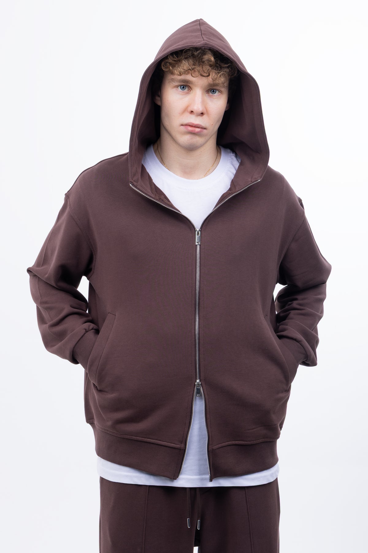 3 iplik Şardonsuz %100 Pamuk Over Fit Fermuarlı Kapüşonlu Sweatshirt - Kahverengi