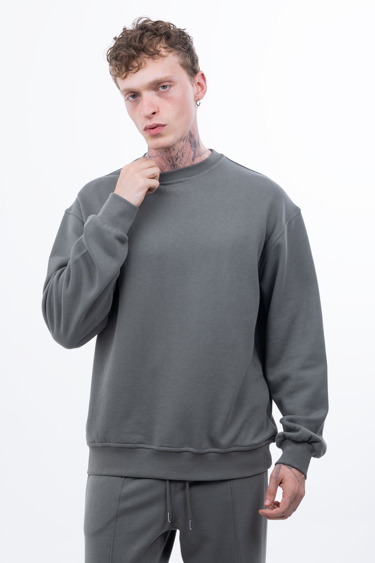 3 iplik Şardonsuz %100 Pamuk Over Fit Bisiklet Yaka Sweatshirt - Haki