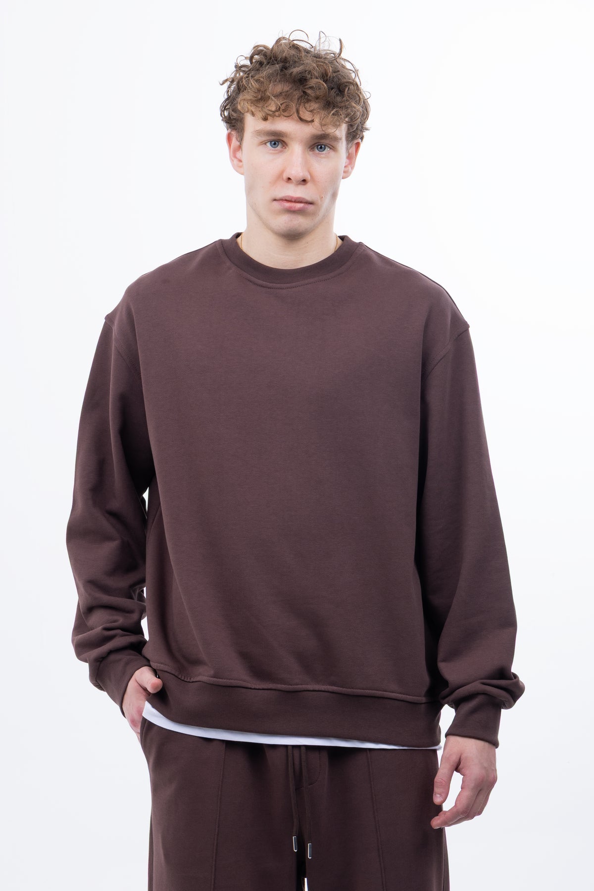 3 iplik Şardonsuz %100 Pamuk Over Fit Bisiklet Yaka Sweatshirt - Kahve