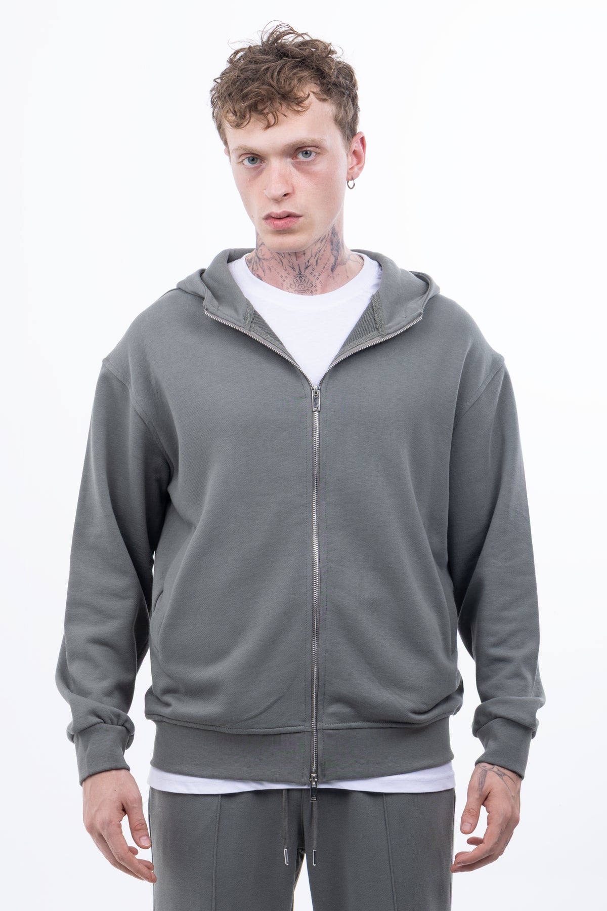 3 iplik Şardonsuz %100 Pamuk Over Fit Fermuarlı Kapüşonlu Sweatshirt - Haki
