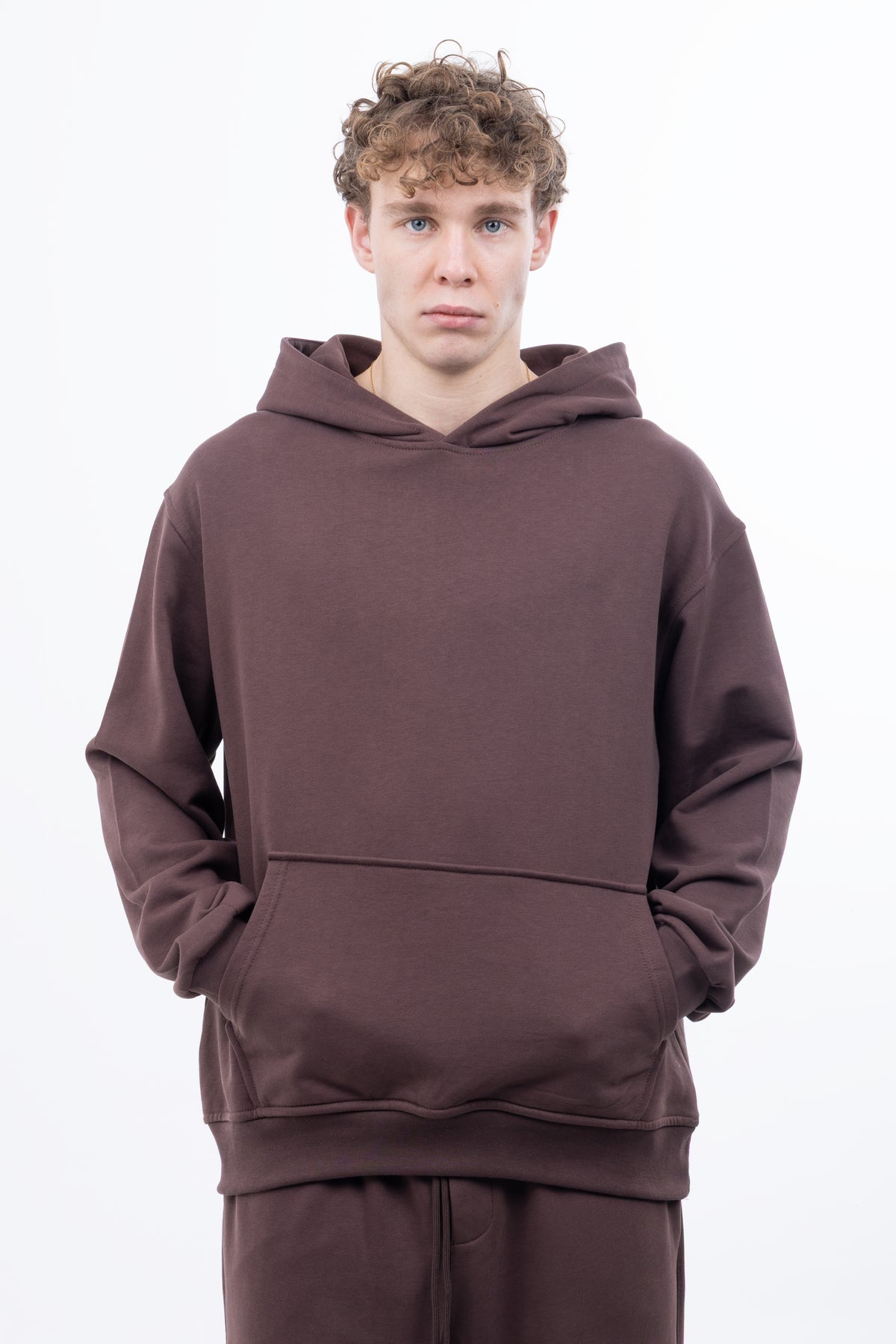 3 iplik Şardonsuz %100 Pamuk Over Fit Kapüşonlu Kanguru Cepli Sweatshirt - Kahverengi