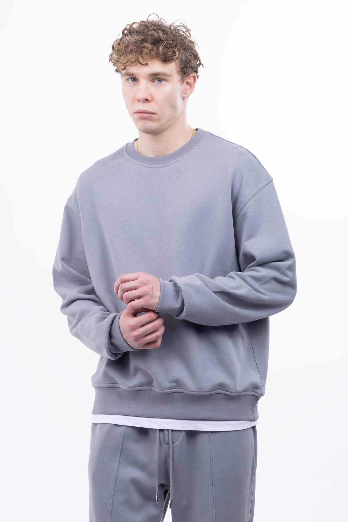 3 iplik Şardonsuz %100 Pamuk Over Fit Bisiklet Yaka Sweatshirt - Gri