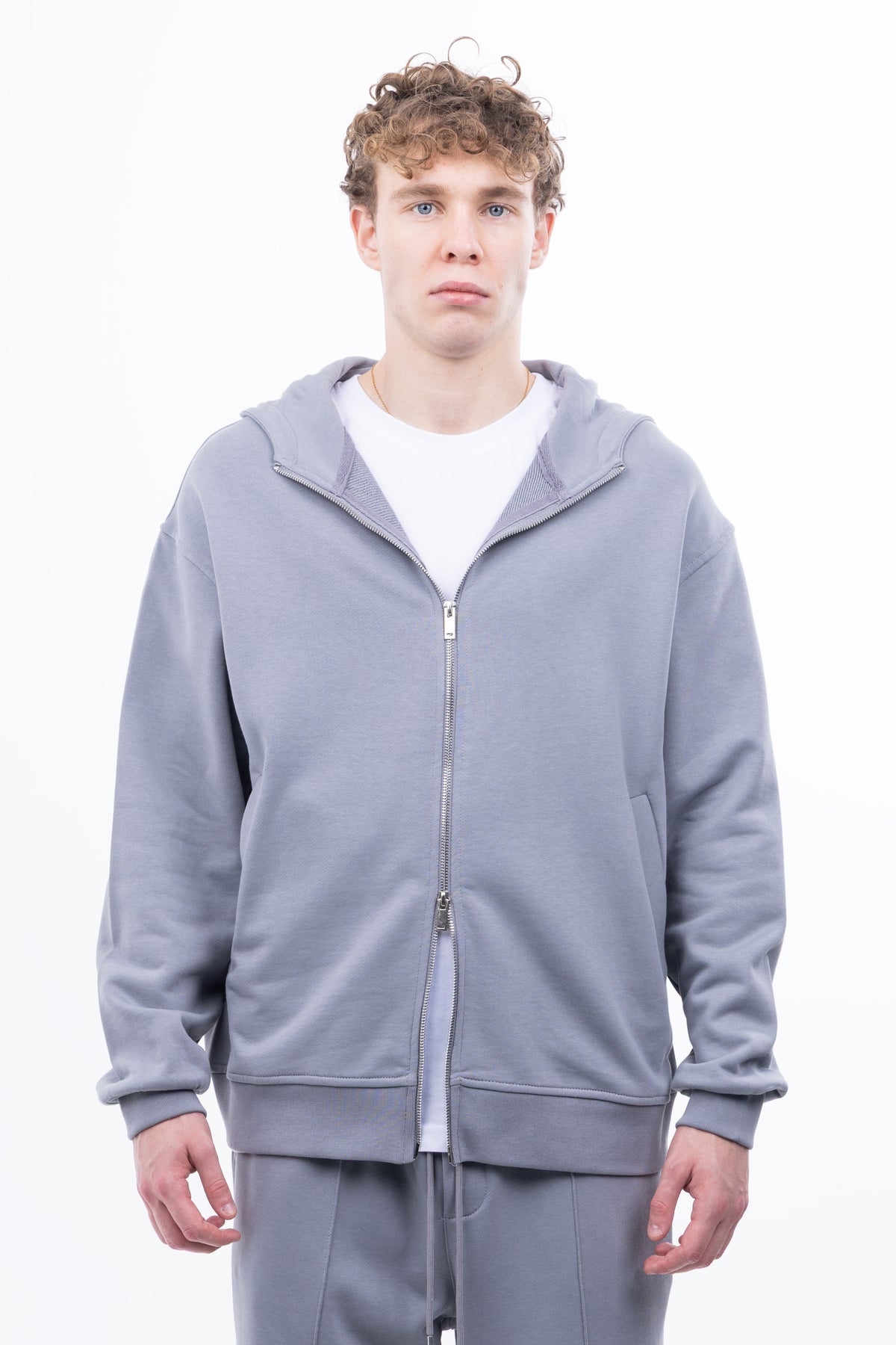3 iplik Şardonsuz %100 Pamuk Over Fit Fermuarlı Kapüşonlu Sweatshirt - Gri