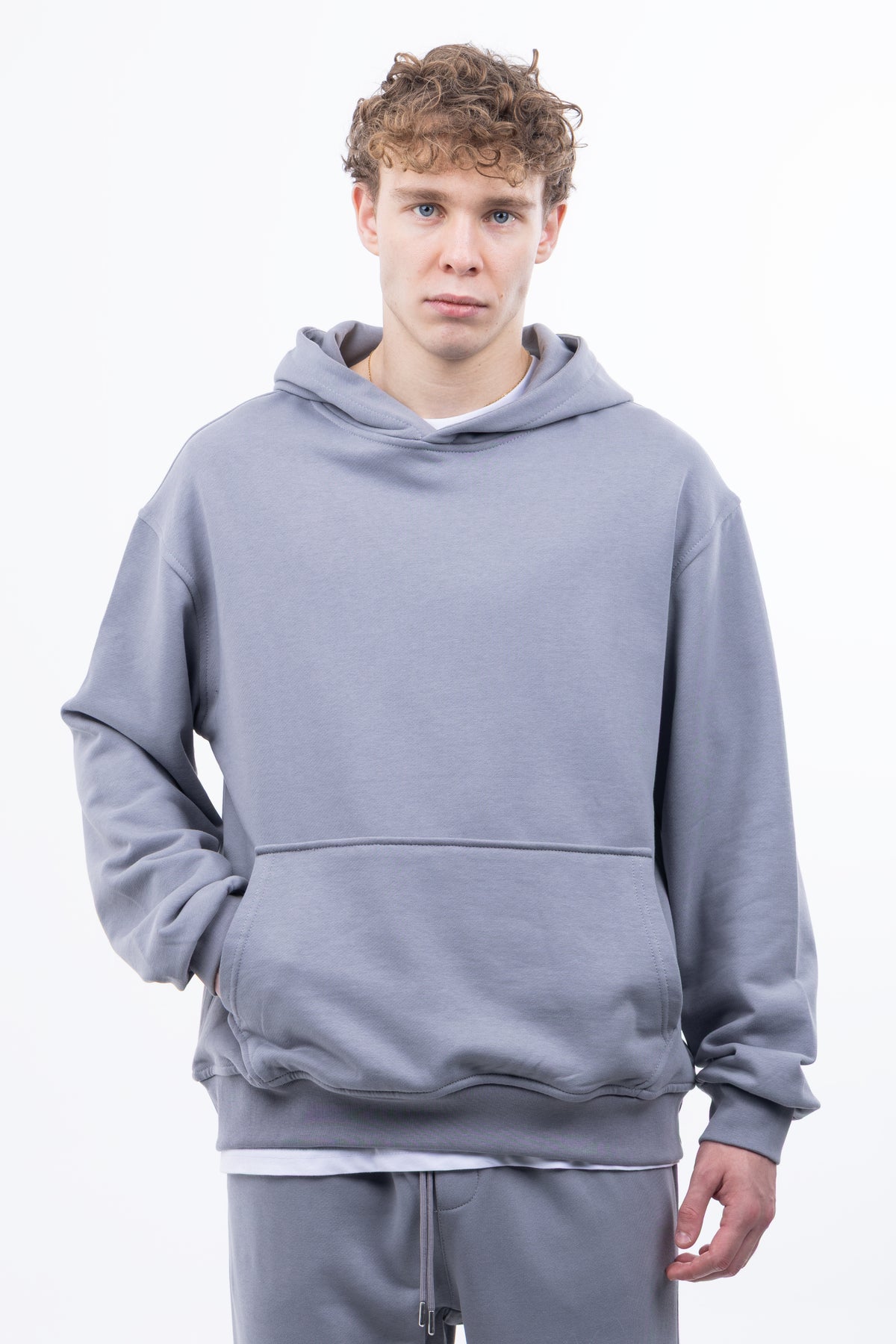 3 iplik Şardonsuz %100 Pamuk Over Fit Kapüşonlu Kanguru Cepli Sweatshirt - Gri