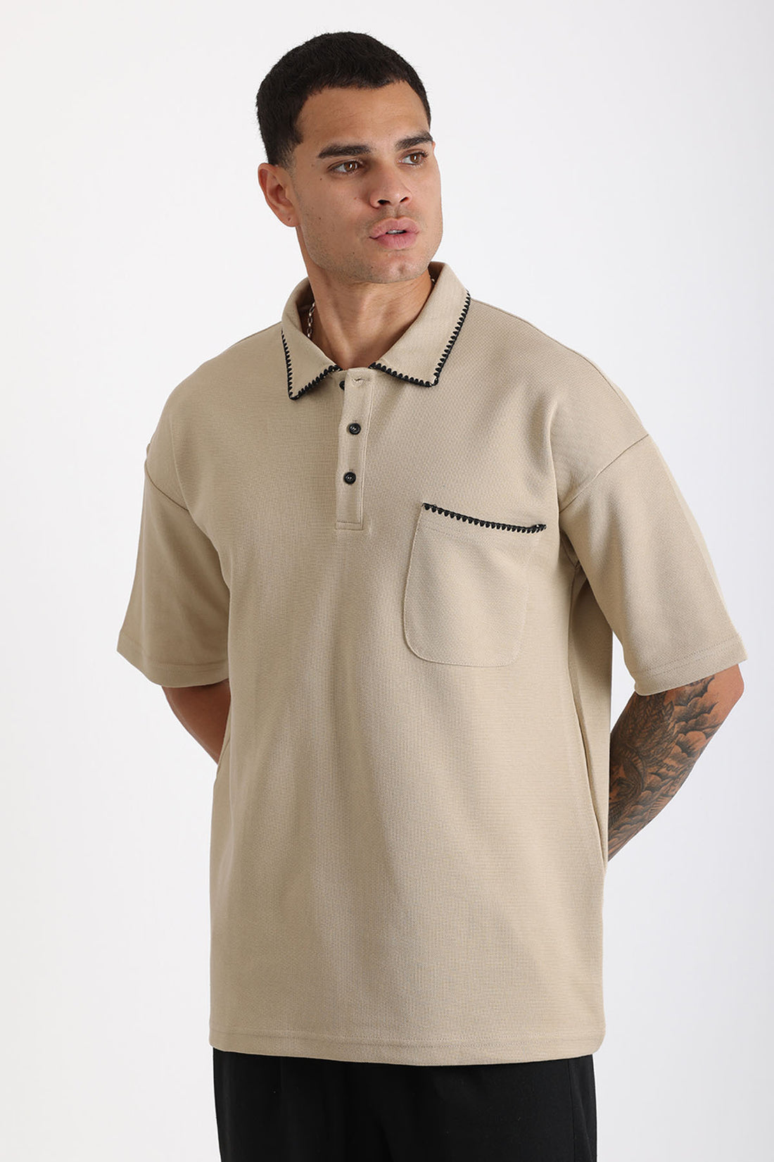 Yaka ve Cep Çoban Dikiş Detaylı Double Pike Kumaş Loose Fit Erkek Polo Yaka Tişört