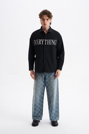 Poplin Kumaş, Rahat Kalıp Düşük Omuz, Erkek EVERYTHING Baskılı Gömlek, Men's Shirt | Renk: Siyah