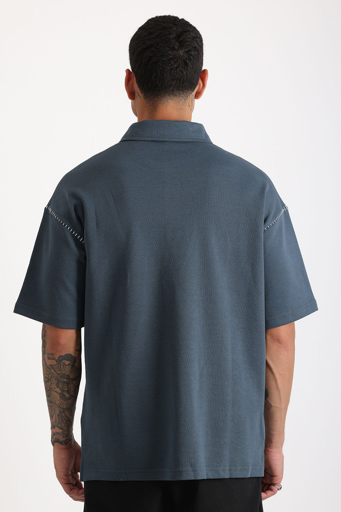 Omuz Çoban Dikiş Detaylı Double Pike Kumaş Loose Fit Erkek Polo Yaka Tişört