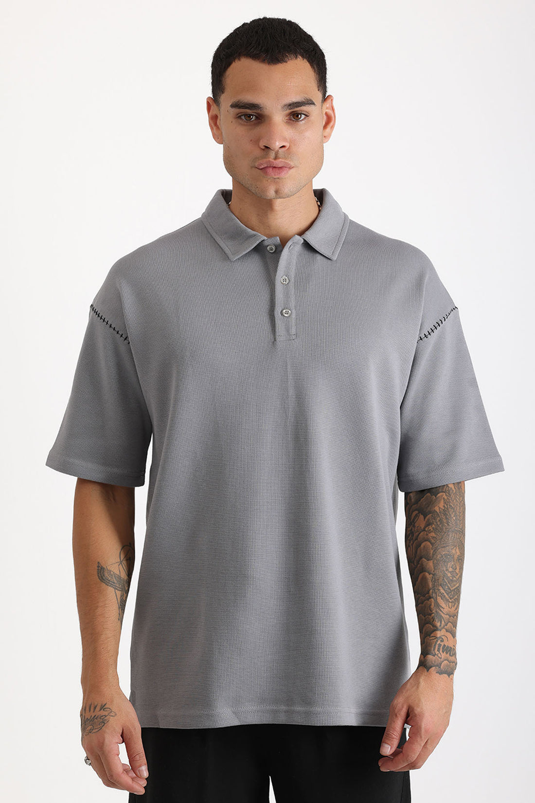 Omuz Çoban Dikiş Detaylı Double Pike Kumaş Loose Fit Erkek Polo Yaka Tişört