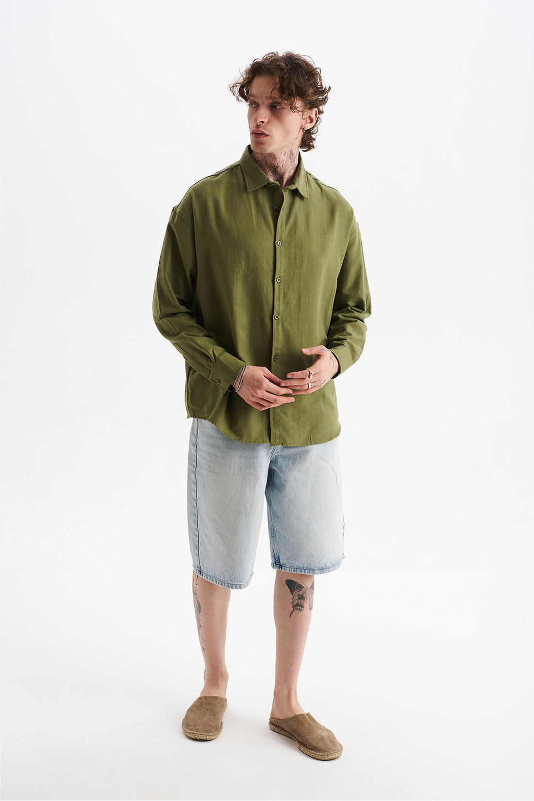 Keten Karışımlı %100 Pamuk Rahat Kalıp Düşük Omuz Erkek Sade Gömlek, Men's Plain Shirt