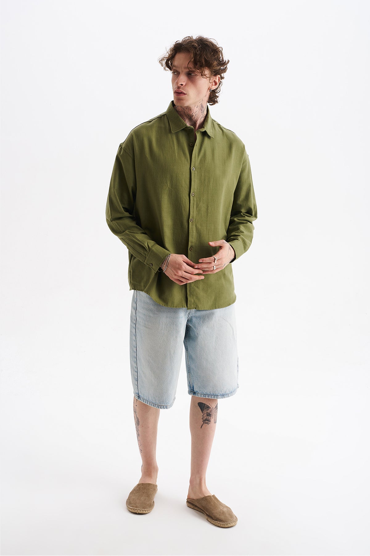 Keten Karışımlı %100 Pamuk Rahat Kalıp Düşük Omuz Erkek Sade Gömlek, Men's Plain Shirt | Renk: Haki