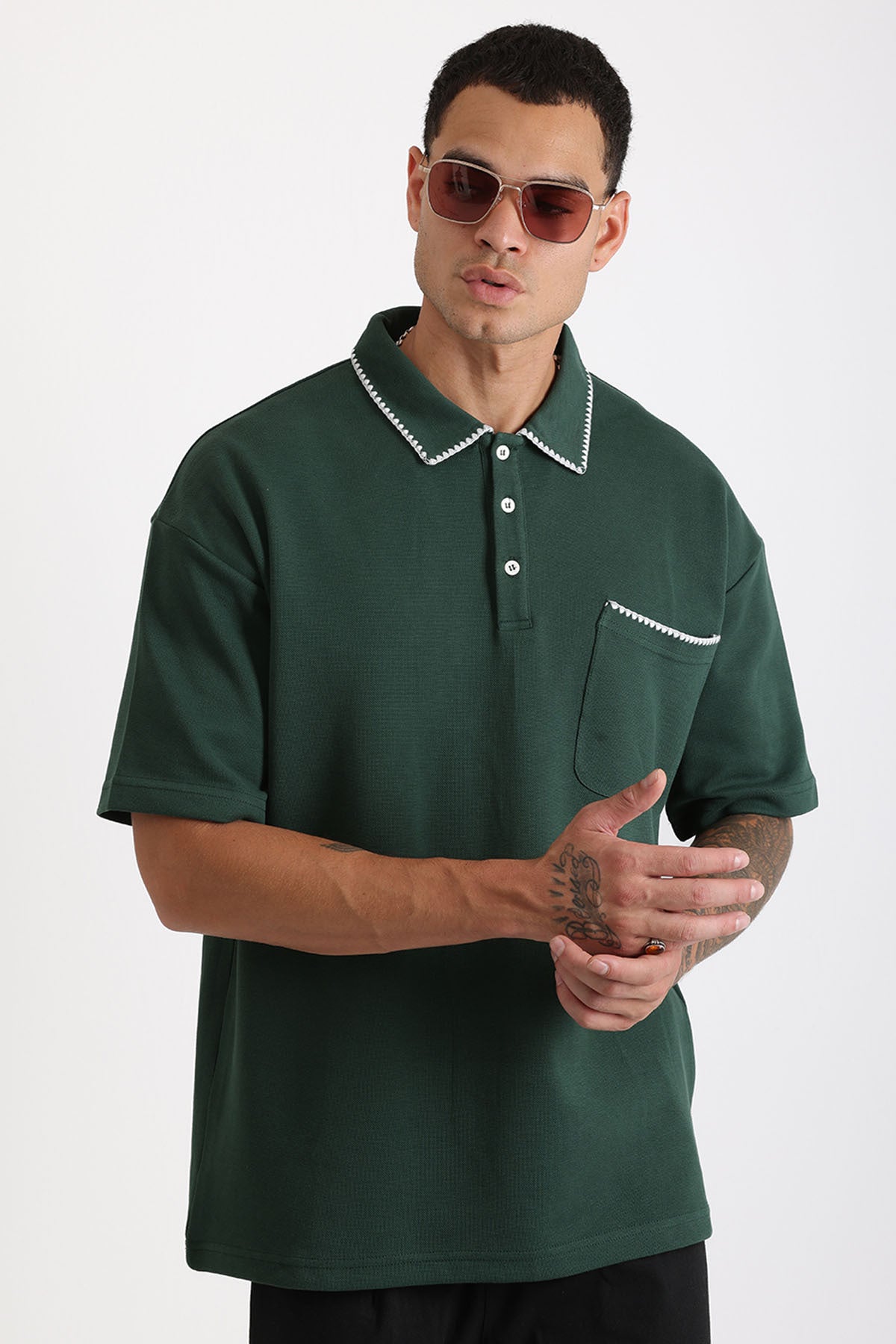 Yaka ve Cep Çoban Dikiş Detaylı Double Pike Kumaş Loose Fit Erkek Polo Yaka Tişört | Renk: Nefti