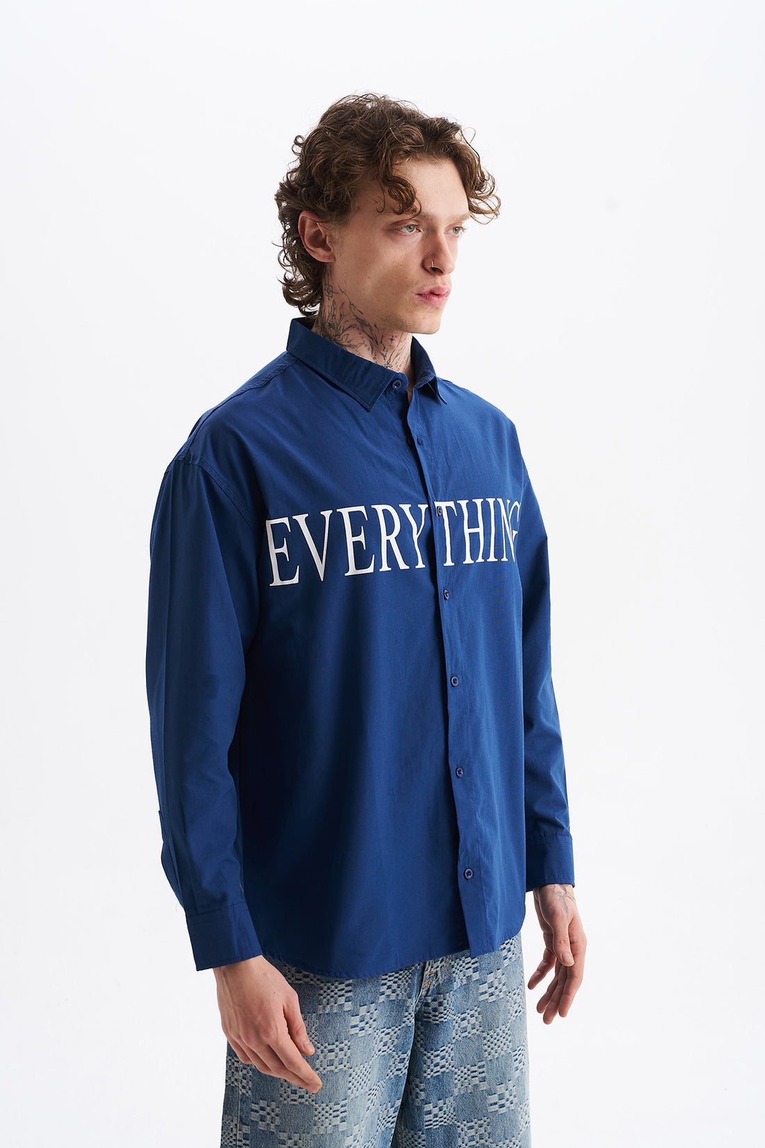 Poplin Kumaş, Rahat Kalıp Düşük Omuz, Erkek EVERYTHING Baskılı Gömlek, Men's Shirt