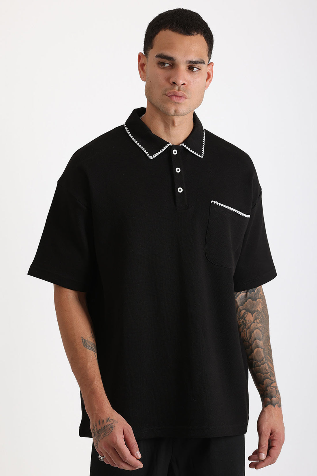 Yaka ve Cep Çoban Dikiş Detaylı Double Pike Kumaş Loose Fit Erkek Polo Yaka Tişört