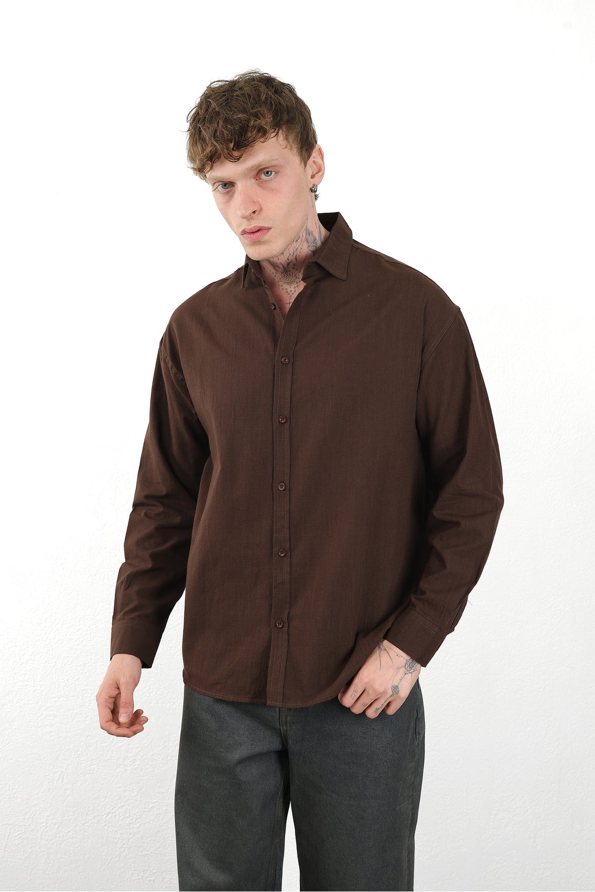 Keten Görünümlü %100 Pamuk Rahat Kalıp Düşük Omuz Erkek Sade Gömlek, Men's Plain Shirt | Renk: Kahverengi