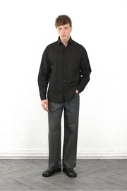 Keten Görünümlü %100 Pamuk Rahat Kalıp Düşük Omuz Erkek Sade Gömlek, Men's Plain Shirt | Renk: Siyah