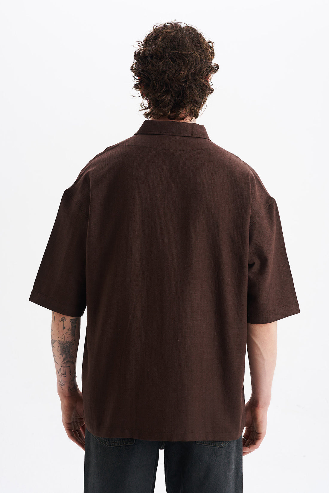 Keten Karışımlı, Rahat Kalıp, Düşük Omuz, Erkek Fermuar Kapamalı Sade Gömlek, Men's Plain Shirt
