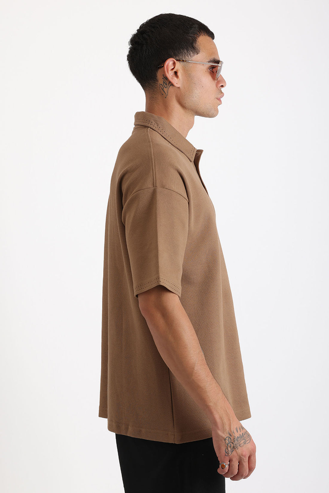 Yaka ve Kol Dikiş Detaylı Double Pike Kumaş Loose Fit Erkek Polo Yaka Tişört