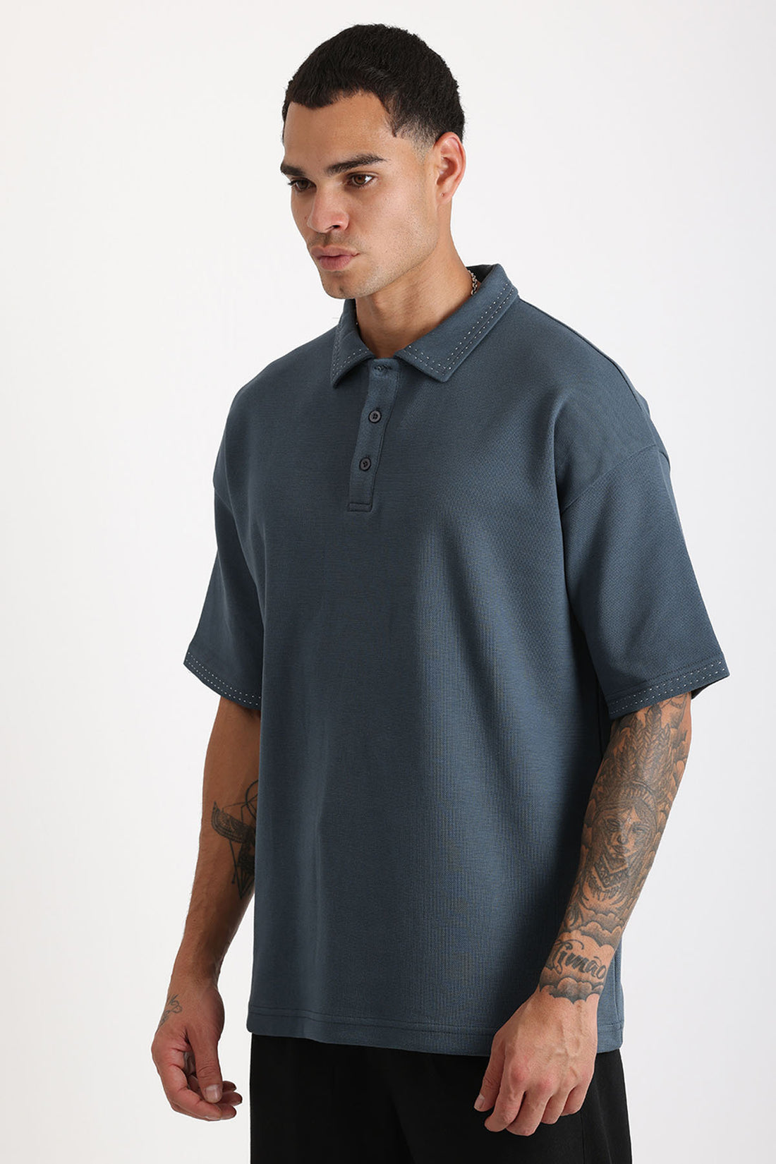 Yaka ve Kol Dikiş Detaylı Double Pike Kumaş Loose Fit Erkek Polo Yaka Tişört