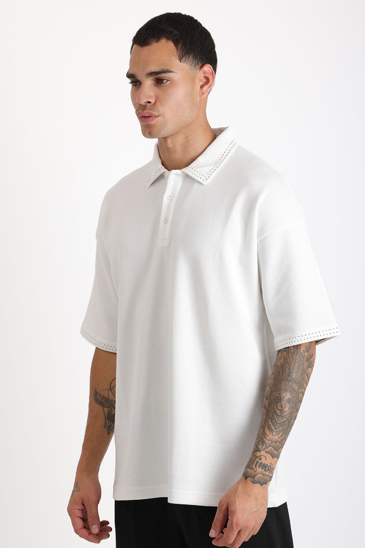 Yaka ve Kol Dikiş Detaylı Double Pike Kumaş Loose Fit Erkek Polo Yaka Tişört | Renk: Ekru