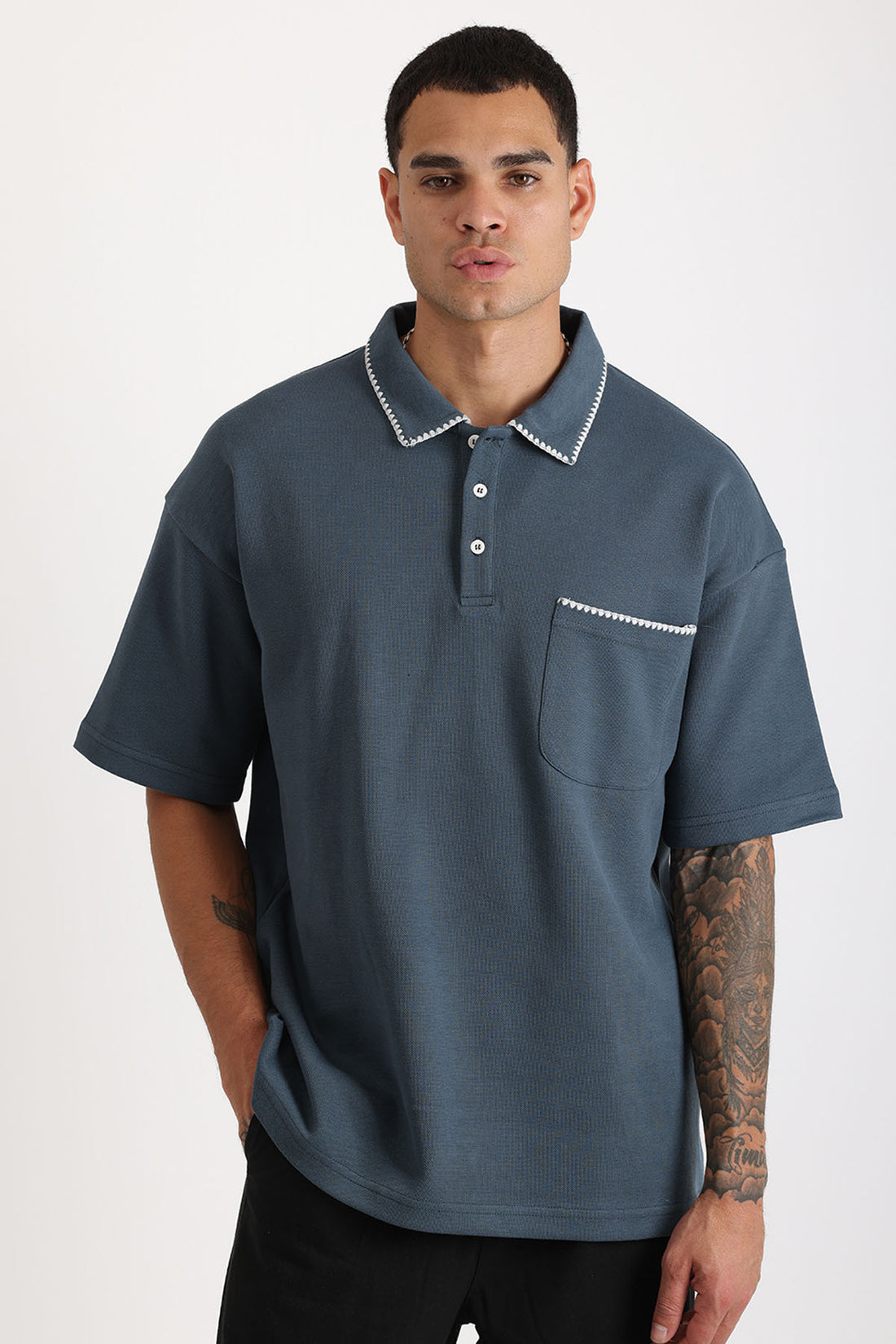 Yaka ve Cep Çoban Dikiş Detaylı Double Pike Kumaş Loose Fit Erkek Polo Yaka Tişört