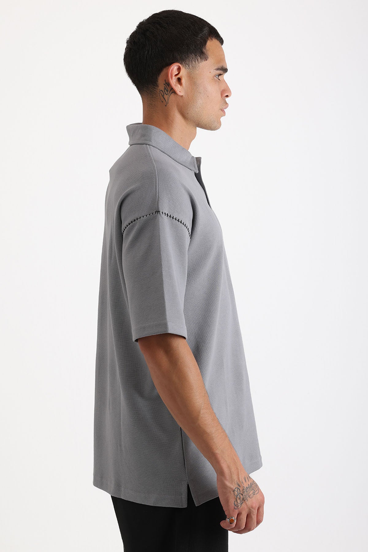 Omuz Çoban Dikiş Detaylı Double Pike Kumaş Loose Fit Erkek Polo Yaka Tişört | Renk: Gri