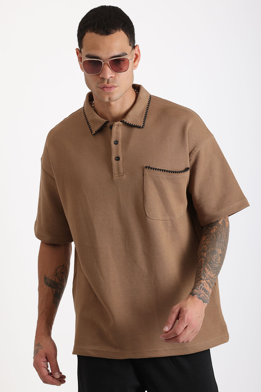 Yaka ve Cep Çoban Dikiş Detaylı Double Pike Kumaş Loose Fit Erkek Polo Yaka Tişört