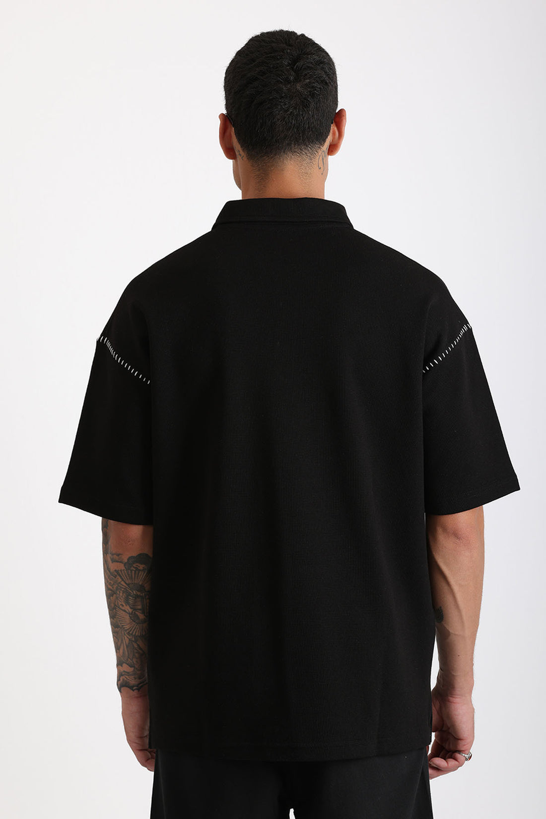 Omuz Çoban Dikiş Detaylı Double Pike Kumaş Loose Fit Erkek Polo Yaka Tişört