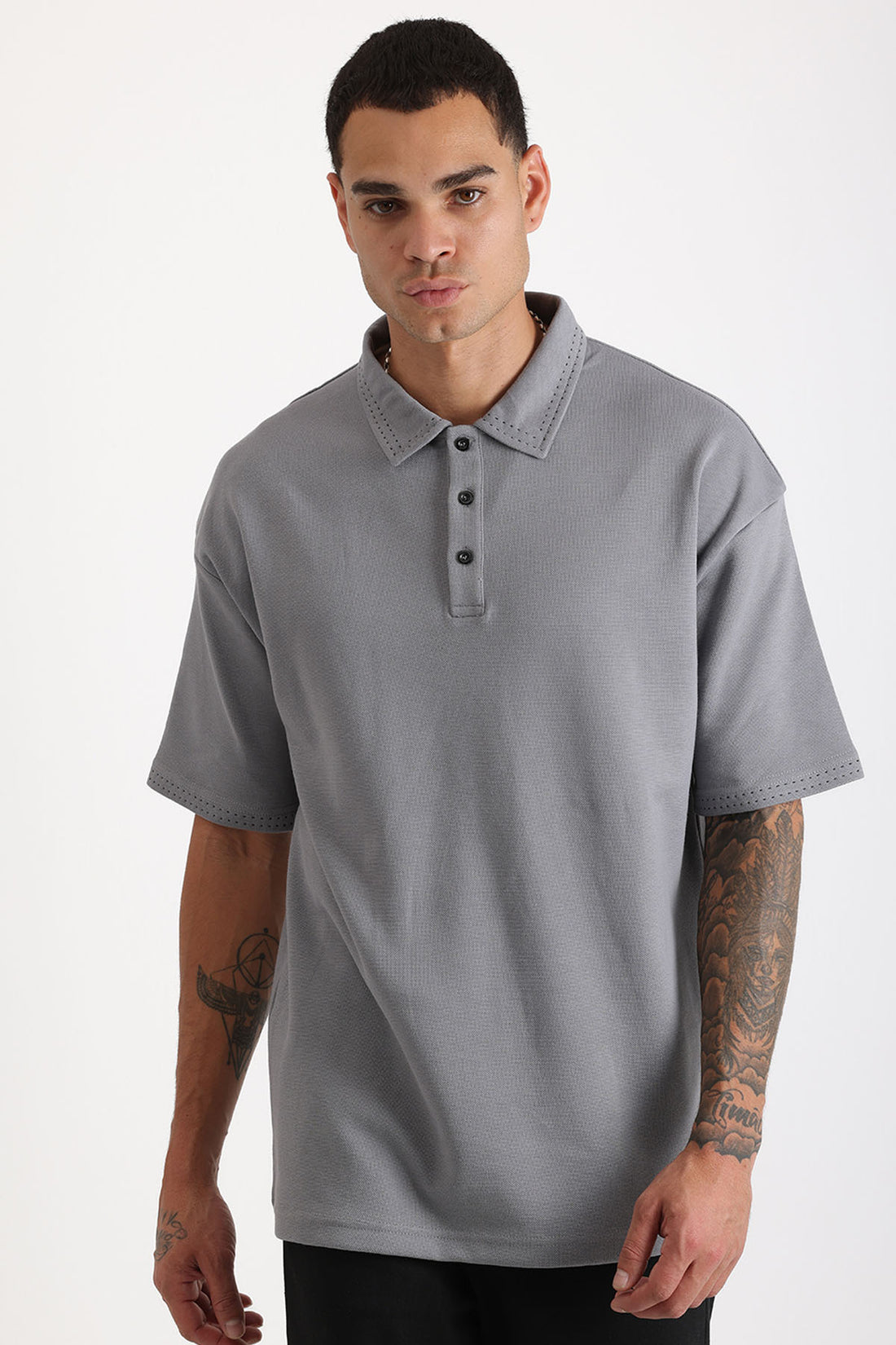 Yaka ve Kol Dikiş Detaylı Double Pike Kumaş Loose Fit Erkek Polo Yaka Tişört