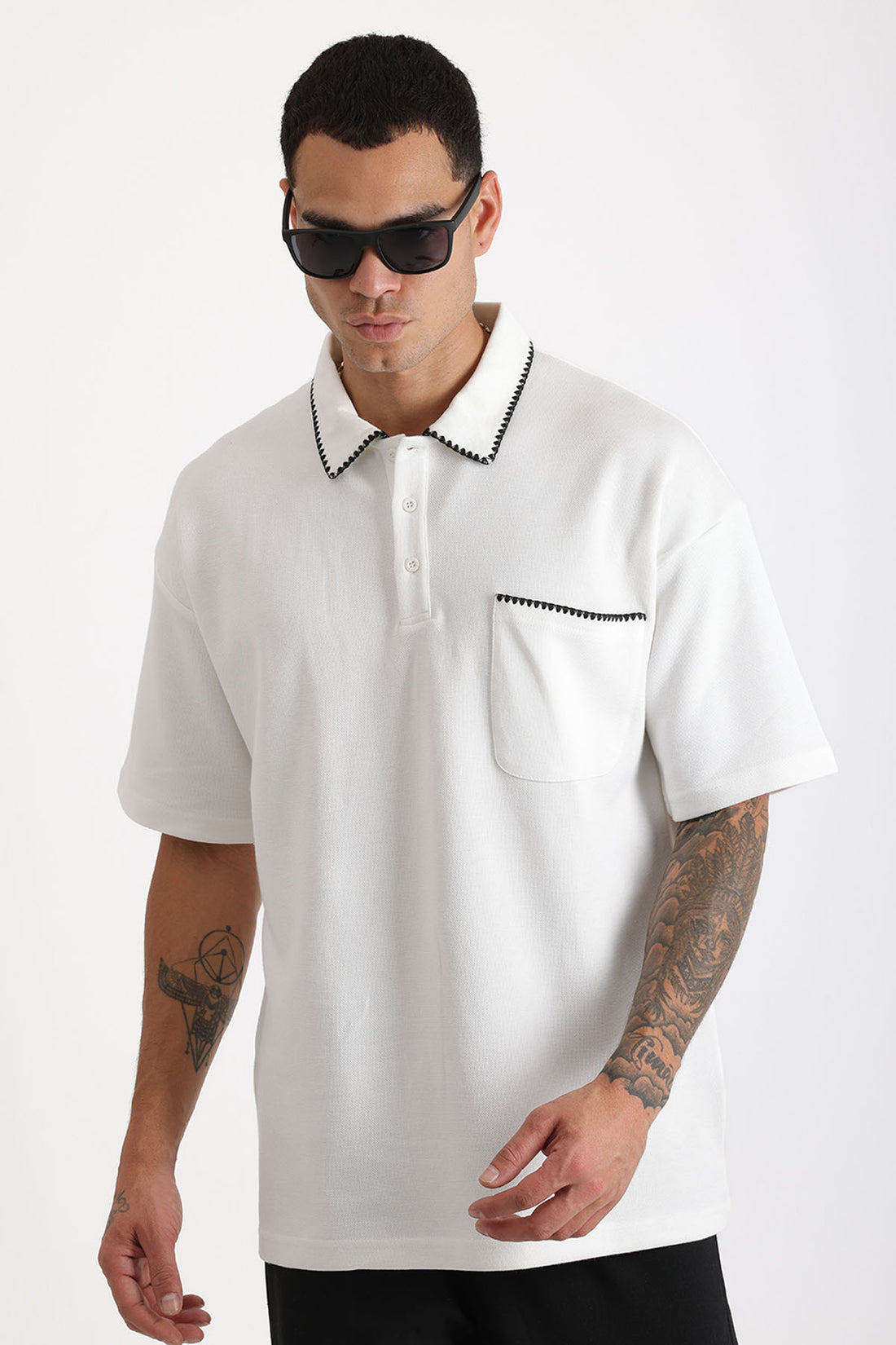 Yaka ve Cep Çoban Dikiş Detaylı Double Pike Kumaş Loose Fit Erkek Polo Yaka Tişört
