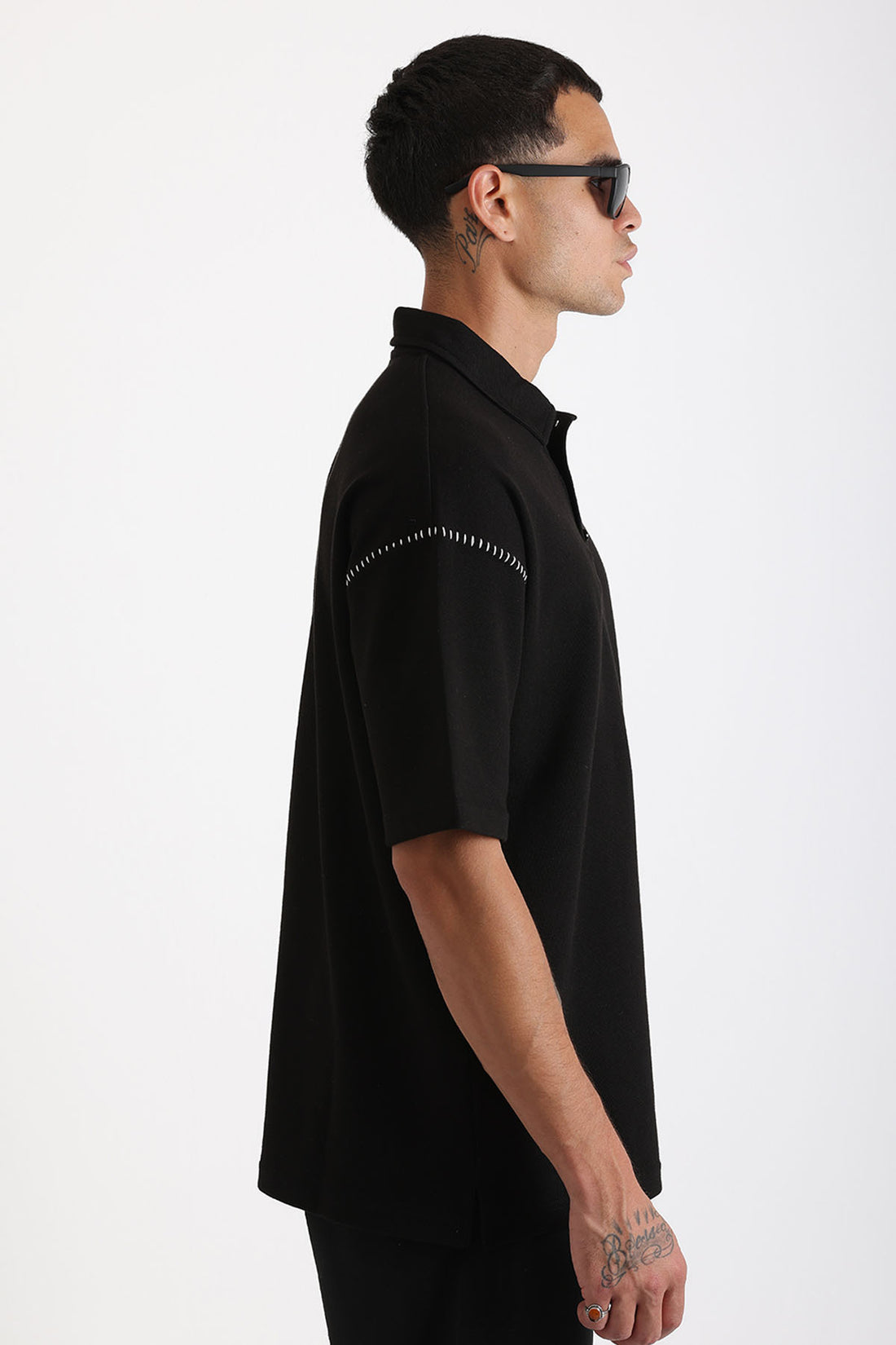 Omuz Çoban Dikiş Detaylı Double Pike Kumaş Loose Fit Erkek Polo Yaka Tişört