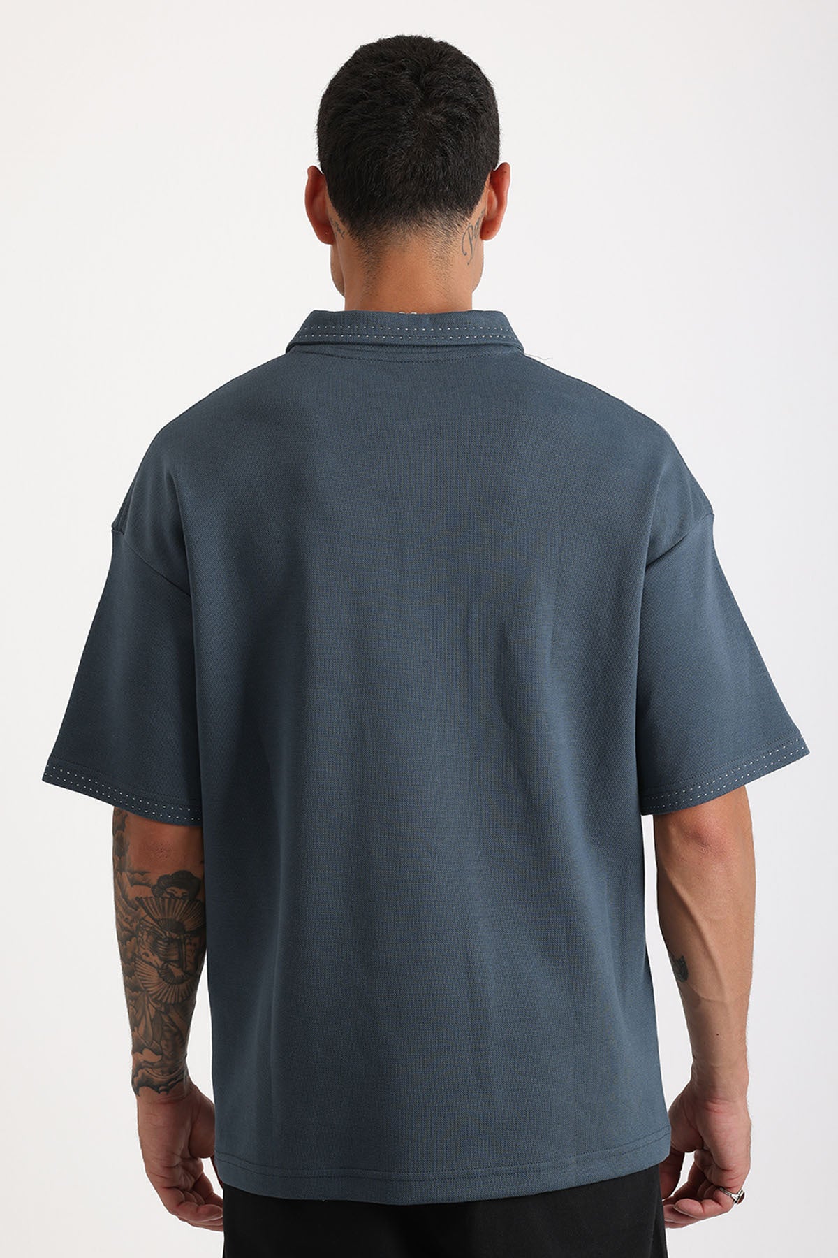 Yaka ve Kol Dikiş Detaylı Double Pike Kumaş Loose Fit Erkek Polo Yaka Tişört | Renk: Petrol