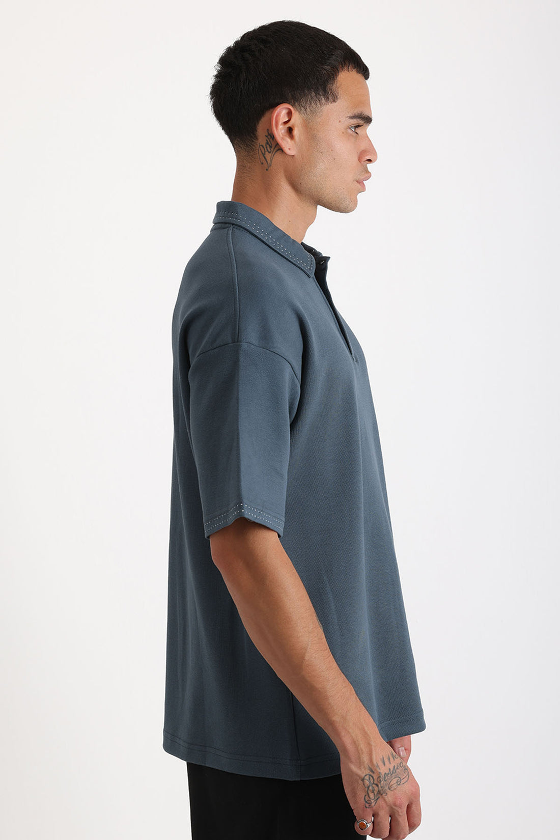 Yaka ve Kol Dikiş Detaylı Double Pike Kumaş Loose Fit Erkek Polo Yaka Tişört