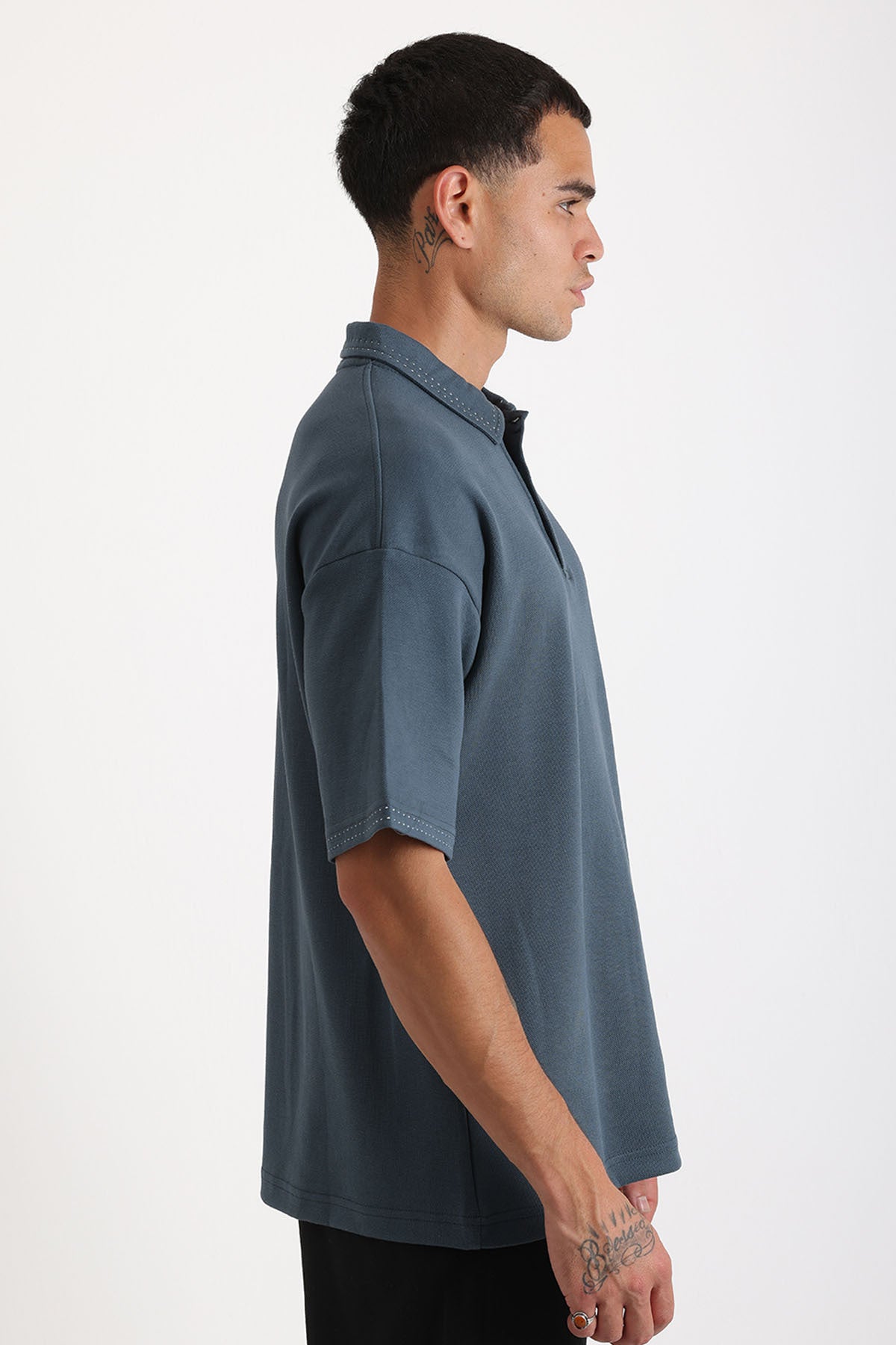 Yaka ve Kol Dikiş Detaylı Double Pike Kumaş Loose Fit Erkek Polo Yaka Tişört | Renk: Petrol
