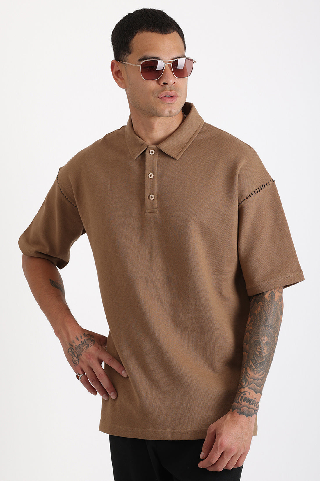 Omuz Çoban Dikiş Detaylı Double Pike Kumaş Loose Fit Erkek Polo Yaka Tişört