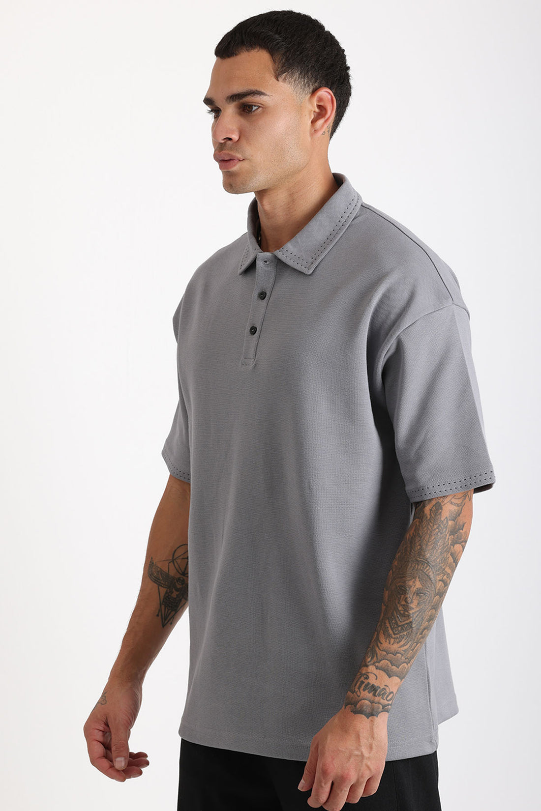 Yaka ve Kol Dikiş Detaylı Double Pike Kumaş Loose Fit Erkek Polo Yaka Tişört