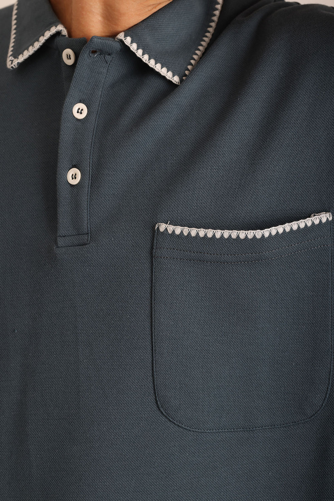 Yaka ve Cep Çoban Dikiş Detaylı Double Pike Kumaş Loose Fit Erkek Polo Yaka Tişört
