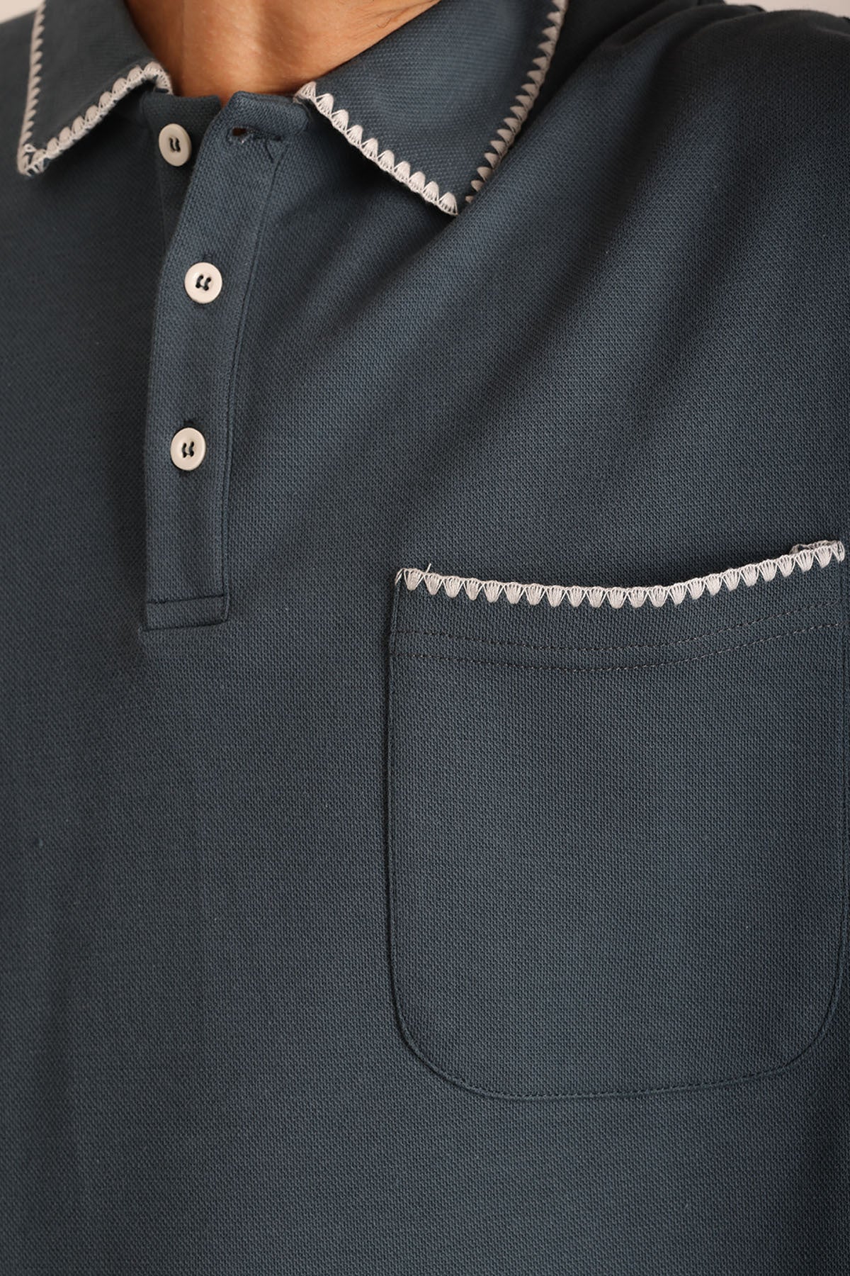 Yaka ve Cep Çoban Dikiş Detaylı Double Pike Kumaş Loose Fit Erkek Polo Yaka Tişört | Renk: Petrol